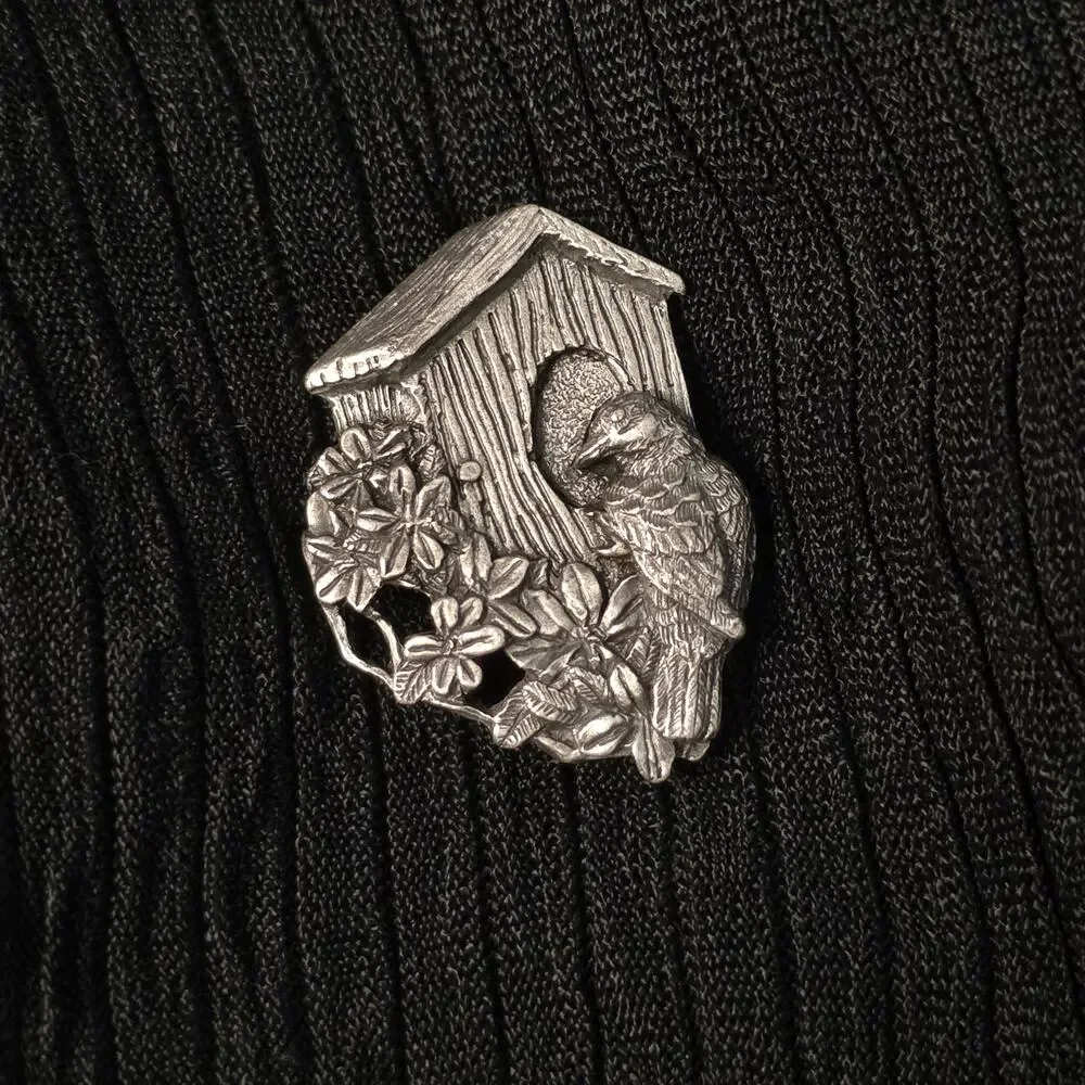 Vintage Birds & Blooms 1997 Pewter Brooch Cottagecore Pin 90s